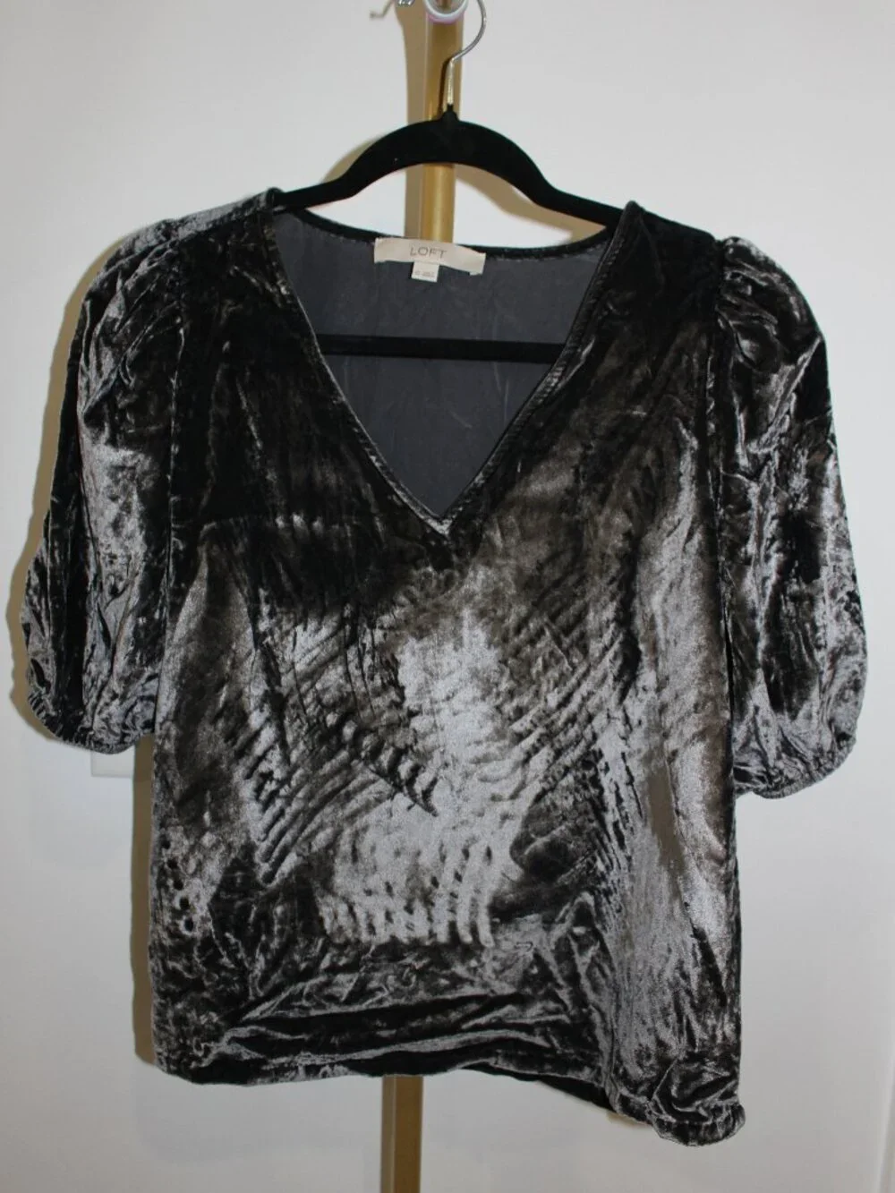 Women's Loft Velvet Grey Puff Sleeved Top, Size XS